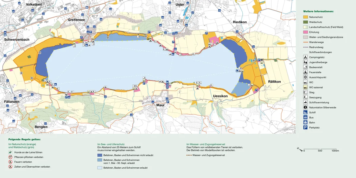 Der Greifensee besteht aus verschiedenen Schutzzonen. Karte mit markierten Zonen am Greifensee.
